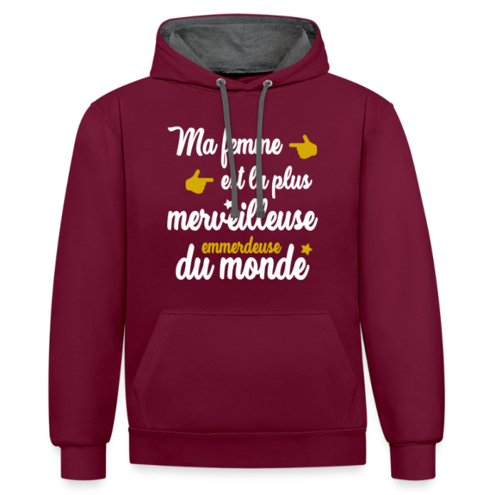 Sweat-shirt à capuche contrasté unisexe - Ma femme: merveilleuse emmerdeuse - bordeaux/anthracite - front