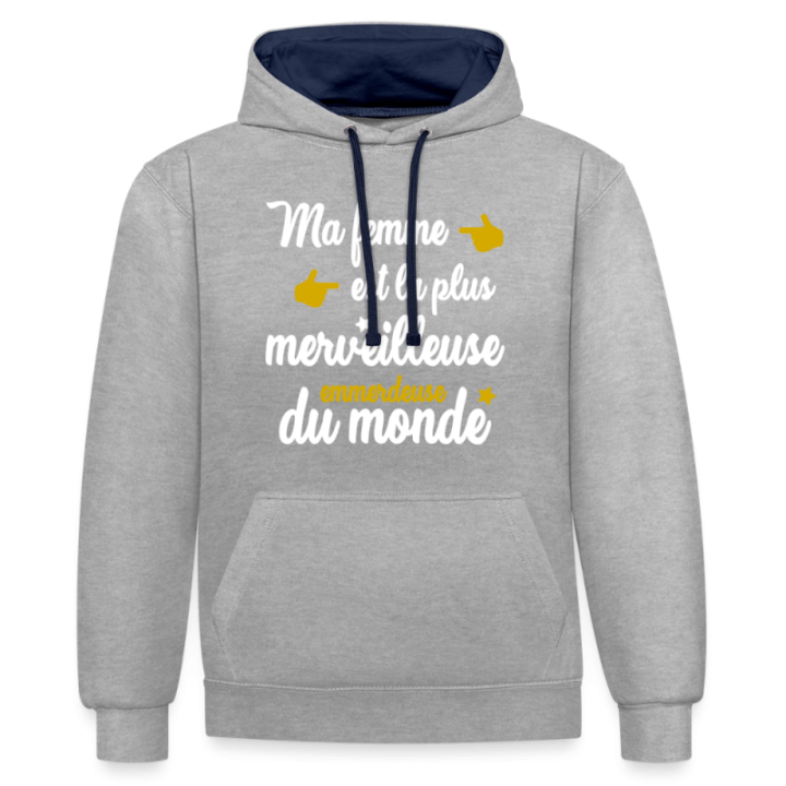 Sweat-shirt à capuche contrasté unisexe - Ma femme: merveilleuse emmerdeuse - gris chiné/bleu marine - front