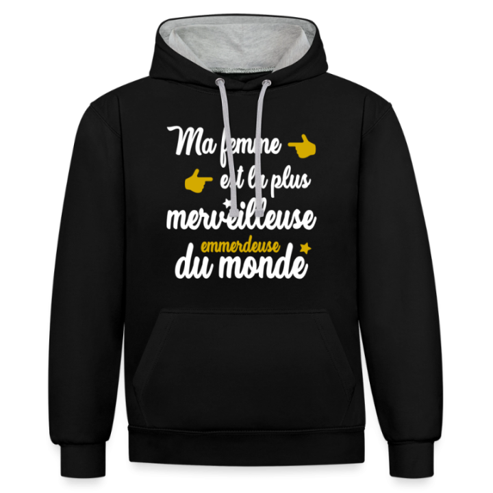 Sweat-shirt à capuche contrasté unisexe - Ma femme: merveilleuse emmerdeuse - noir/gris chiné - front
