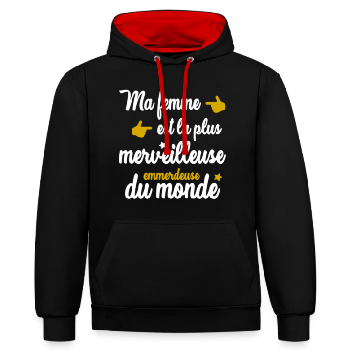 Sweat-shirt à capuche contrasté unisexe - Ma femme: merveilleuse emmerdeuse - noir/rouge - front