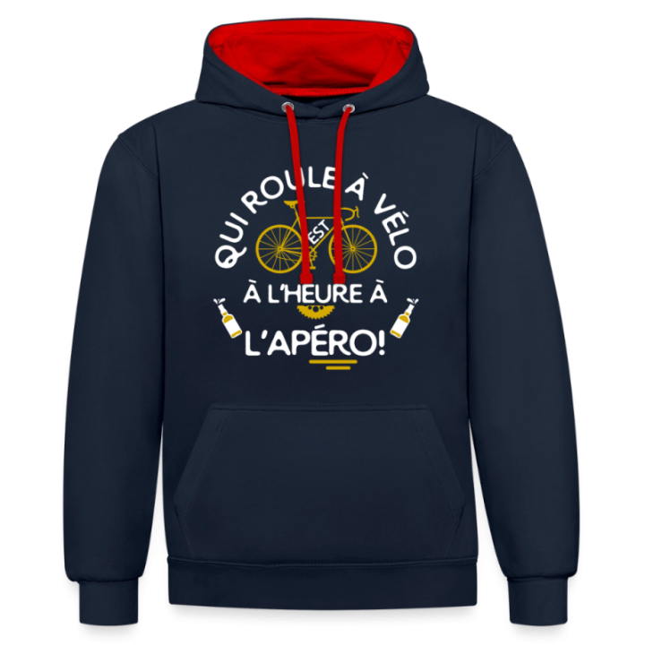Sweat-shirt à capuche contrasté unisexe - Qui roule à vélo arrive à l'apéro - bleu marine/rouge - front