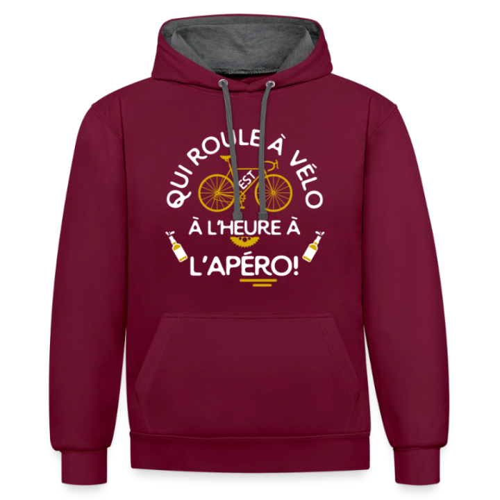 Sweat-shirt à capuche contrasté unisexe - Qui roule à vélo arrive à l'apéro - bordeaux/anthracite - front