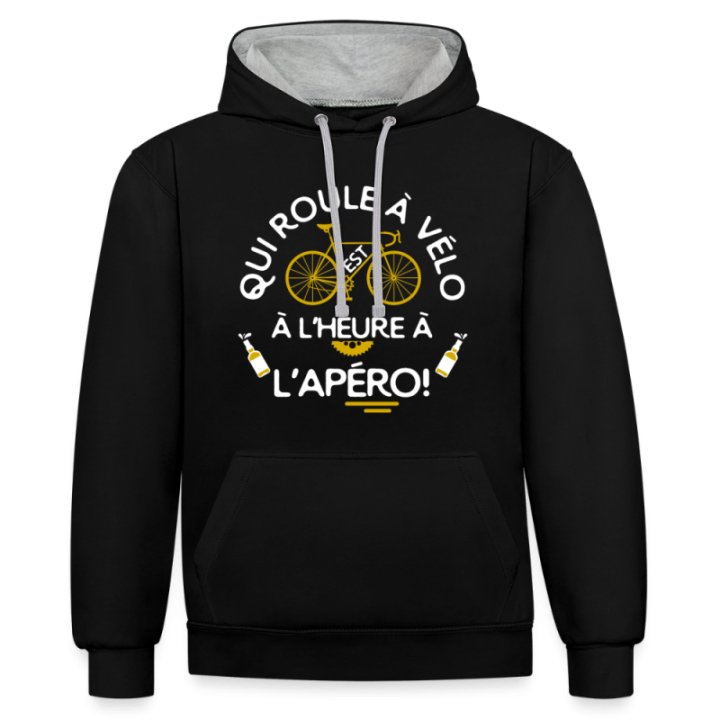 Sweat-shirt à capuche contrasté unisexe - Qui roule à vélo arrive à l'apéro - noir/gris chiné - front