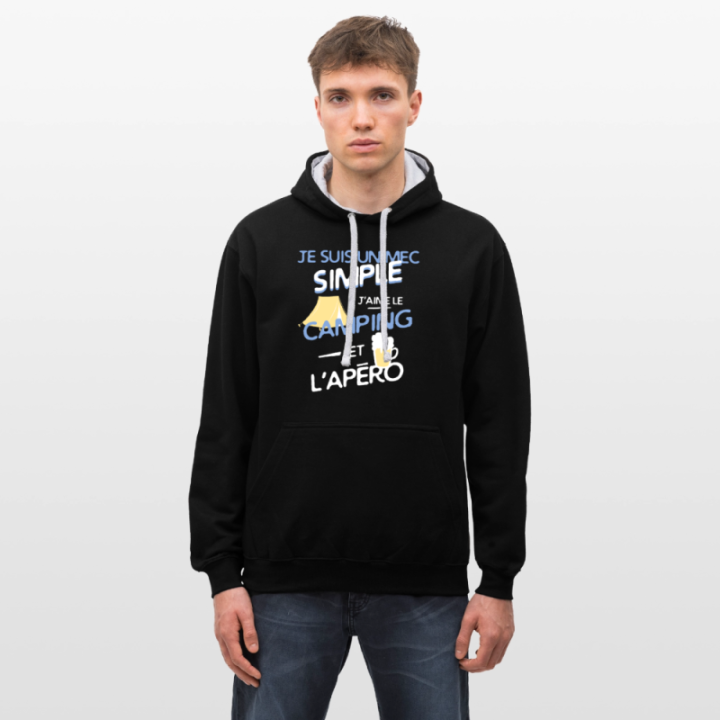 Sweat-shirt à capuche contrasté unisexe - Un mec simple: Camping et apéro - noir/gris chiné - front