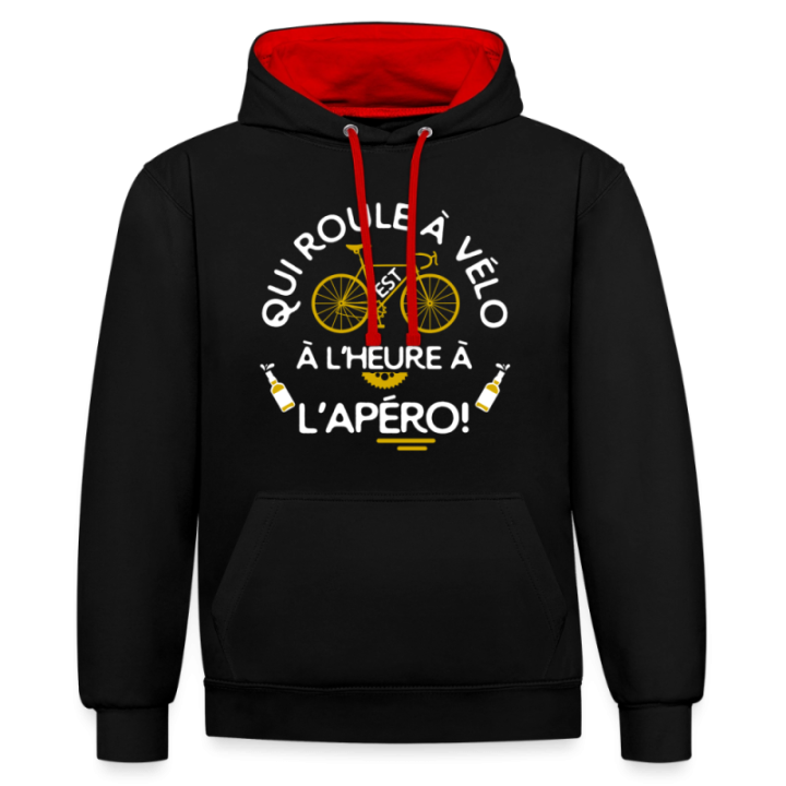 Sweat-shirt à capuche contrasté unisexe - Qui roule à vélo arrive à l'apéro - noir/rouge - front