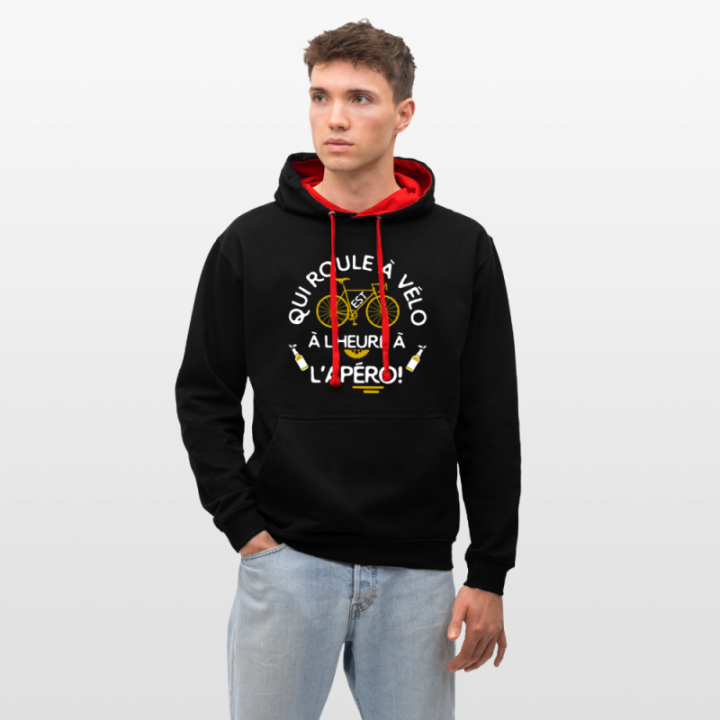Sweat-shirt à capuche contrasté unisexe - Qui roule à vélo arrive à l'apéro - noir/rouge - front