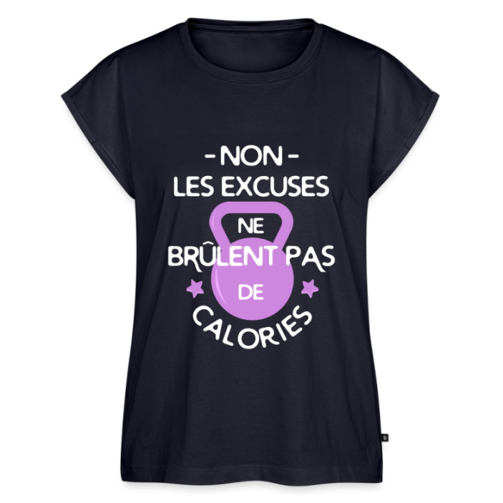 T-shirt à manches retroussées femme - Les excuses ne brûlent pas de calories - bleu marine - front