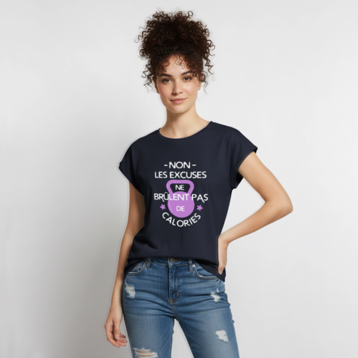 T-shirt à manches retroussées femme - Les excuses ne brûlent pas de calories - bleu marine - front