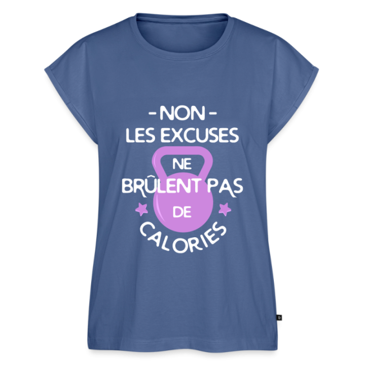 T-shirt à manches retroussées femme - Les excuses ne brûlent pas de calories - bleu pigeon - front