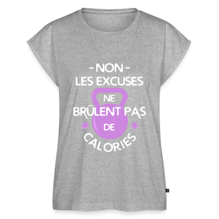 T-shirt à manches retroussées femme - Les excuses ne brûlent pas de calories - gris chiné - front