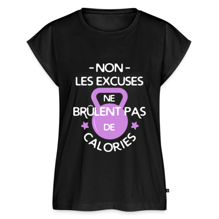 T-shirt à manches retroussées femme - Les excuses ne brûlent pas de calories - noir - front