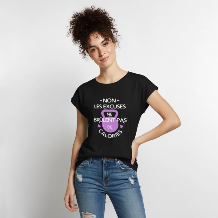T-shirt à manches retroussées femme - Les excuses ne brûlent pas de calories - noir - front