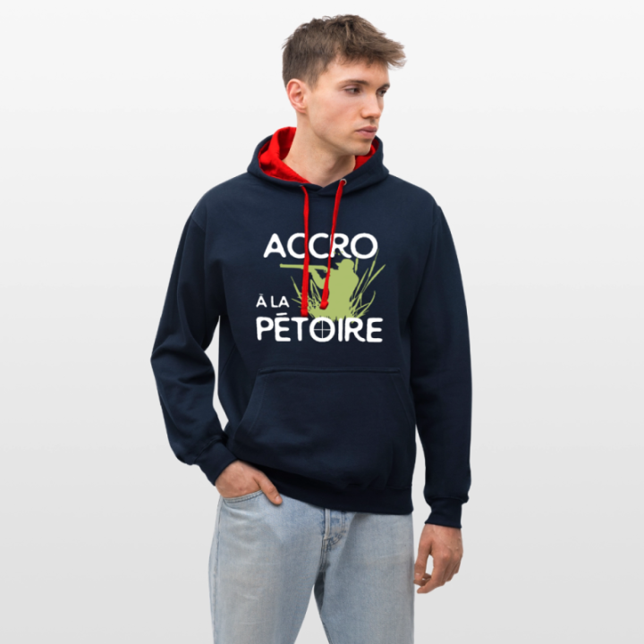 Sweat-shirt à capuche contrasté unisexe - Accro à la pétoire - bleu marine/rouge - front