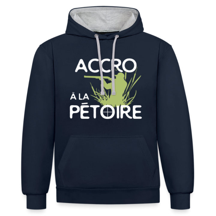 Sweat-shirt à capuche contrasté unisexe - Accro à la pétoire - bleu marine/gris chiné - front