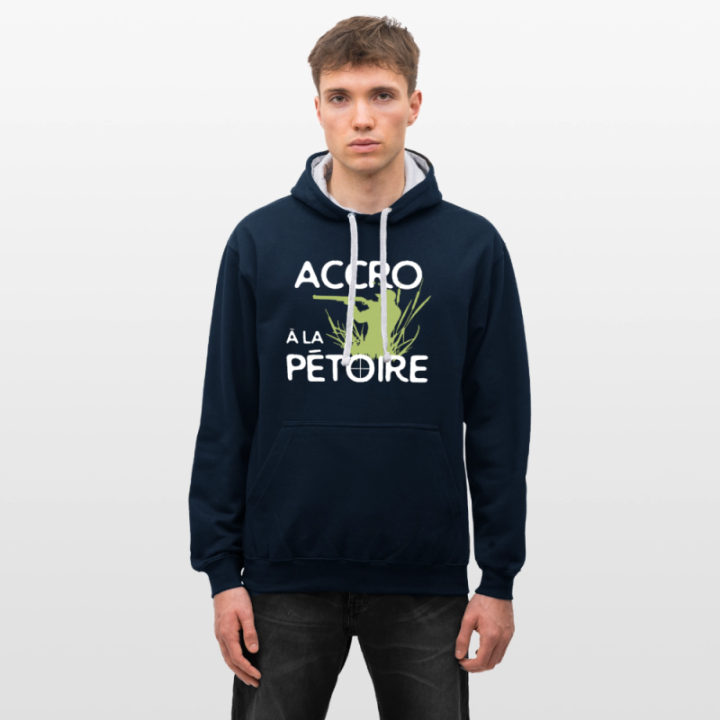 Sweat-shirt à capuche contrasté unisexe - Accro à la pétoire - bleu marine/gris chiné - front
