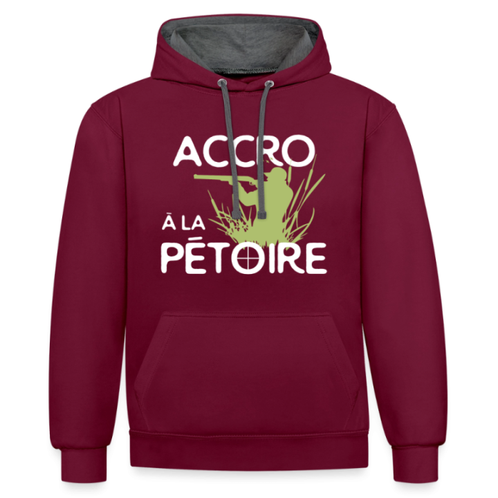 Sweat-shirt à capuche contrasté unisexe - Accro à la pétoire - bordeaux/anthracite - front