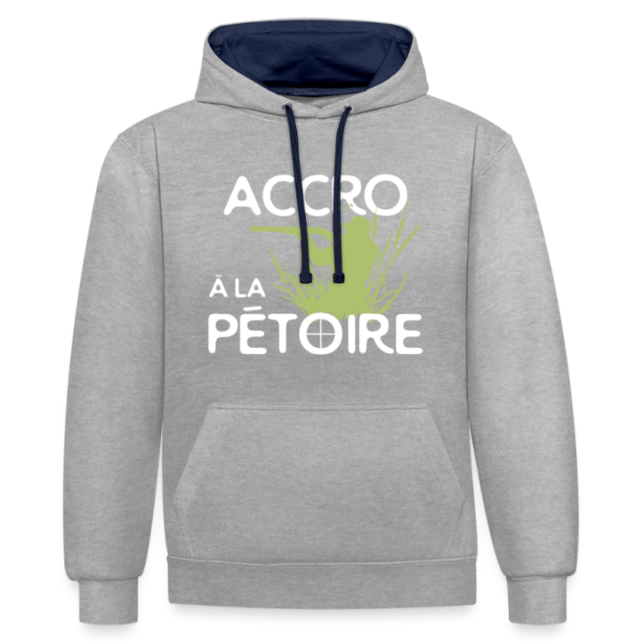 Sweat-shirt à capuche contrasté unisexe - Accro à la pétoire - gris chiné/bleu marine - front