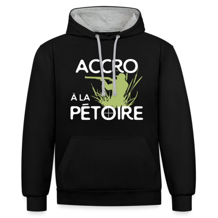 Sweat-shirt à capuche contrasté unisexe - Accro à la pétoire - noir/gris chiné - front