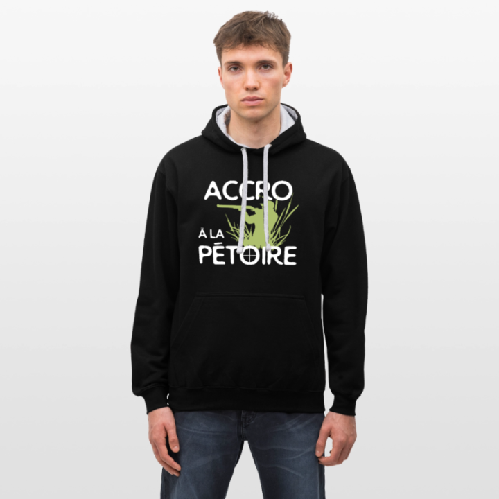 Sweat-shirt à capuche contrasté unisexe - Accro à la pétoire - noir/gris chiné - front