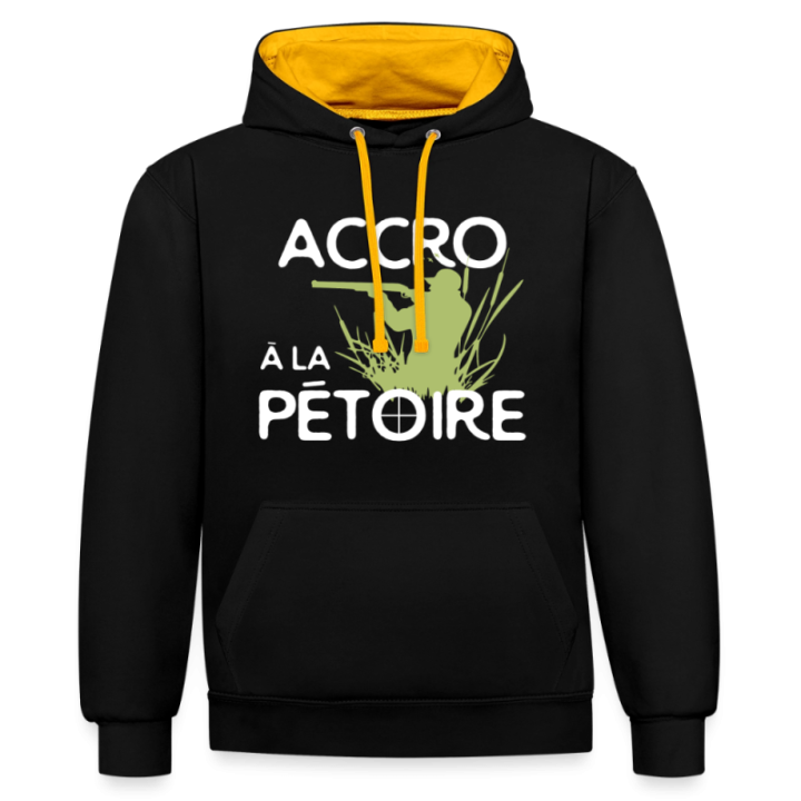 Sweat-shirt à capuche contrasté unisexe - Accro à la pétoire - noir/or - front