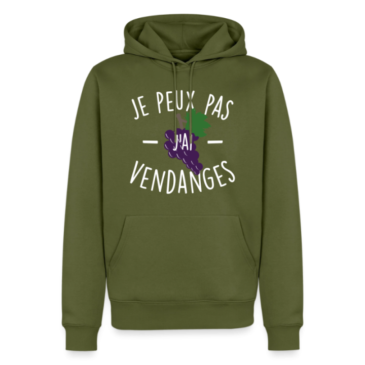Sweat-shirt à capuche premium homme - Je peux pas j'ai vendanges - kaki - front