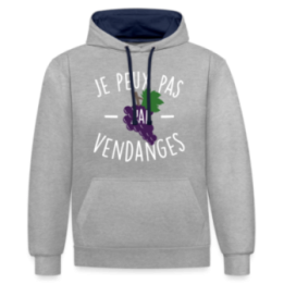 Sweat-shirt à capuche contrasté unisexe - Je peux pas j'ai vendanges - gris chiné/bleu marine - front