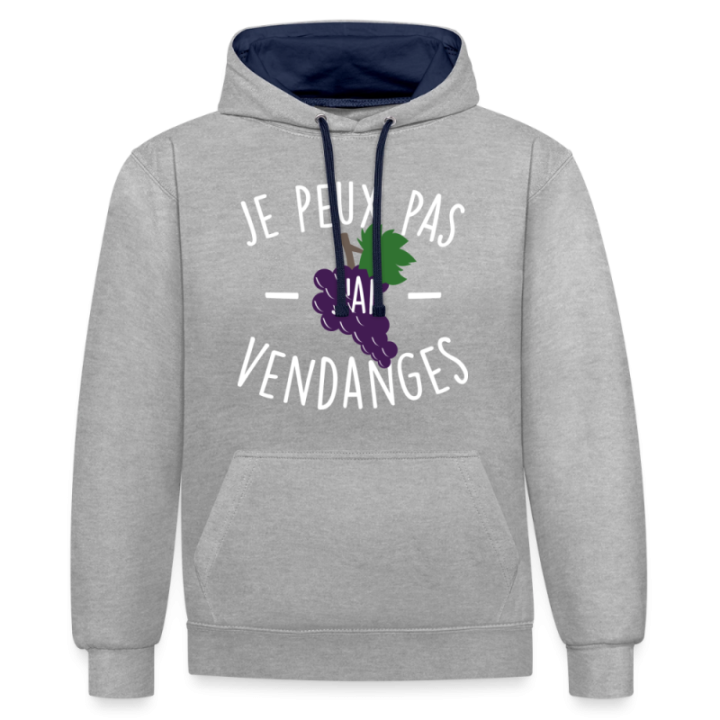 Sweat-shirt à capuche contrasté unisexe - Je peux pas j'ai vendanges - gris chiné/bleu marine - front