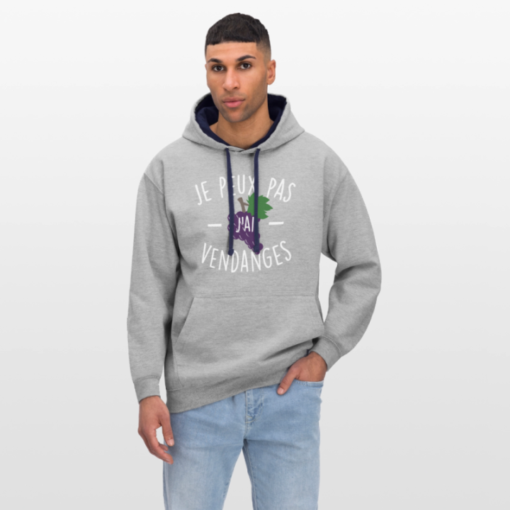 Sweat-shirt à capuche contrasté unisexe - Je peux pas j'ai vendanges - gris chiné/bleu marine - front