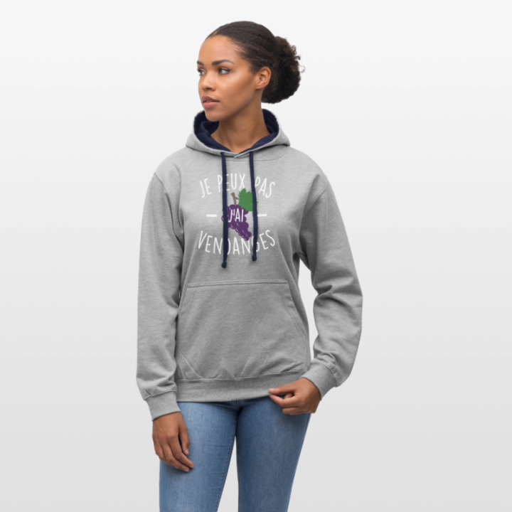 Sweat-shirt à capuche contrasté unisexe - Je peux pas j'ai vendanges - gris chiné/bleu marine - front