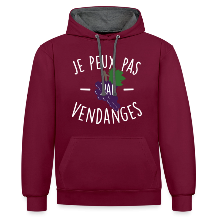 Sweat-shirt à capuche contrasté unisexe - Je peux pas j'ai vendanges - bordeaux/anthracite - front