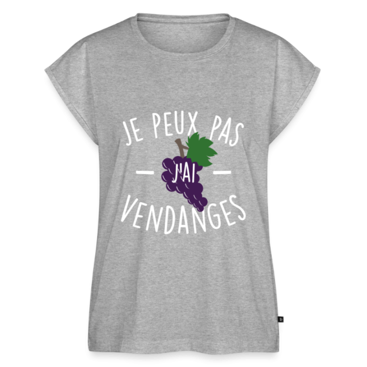 T-shirt à manches retroussées femme - Je peux pas j'ai vendanges - gris chiné - front