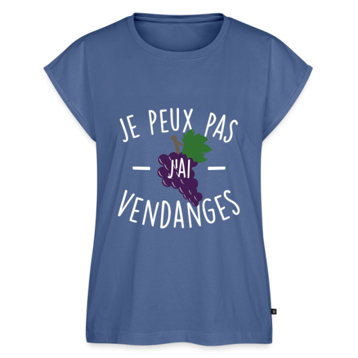 T-shirt à manches retroussées femme - Je peux pas j'ai vendanges - bleu pigeon - front