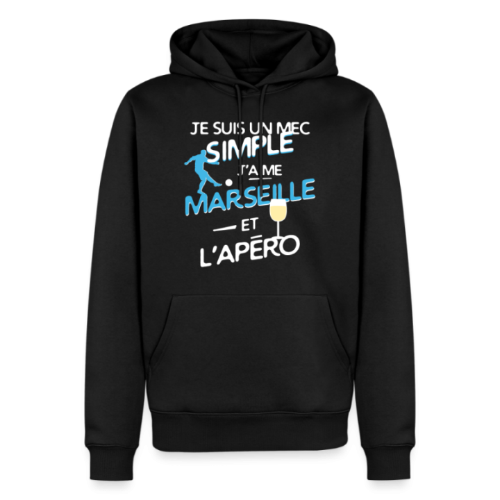 Sweat-shirt à capuche premium homme - Un mec simple: Marseille et apéro - noir - front