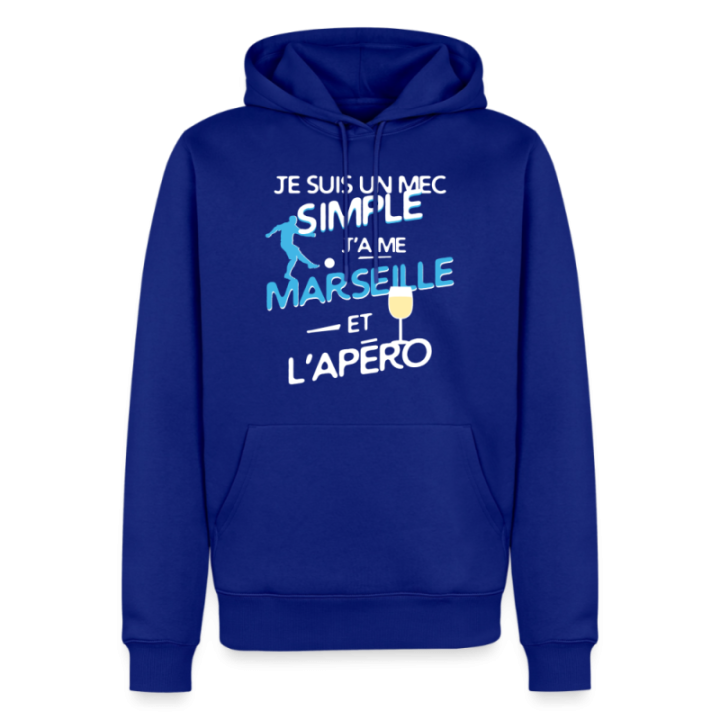 Sweat-shirt à capuche premium homme - Un mec simple: Marseille et apéro - bleu roi - front