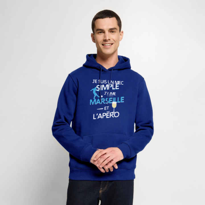 Sweat-shirt à capuche premium homme - Un mec simple: Marseille et apéro - bleu roi - front