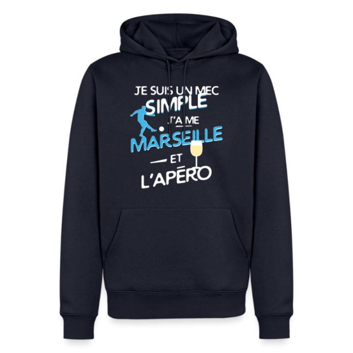 Sweat-shirt à capuche premium homme - Un mec simple: Marseille et apéro - bleu marine - front