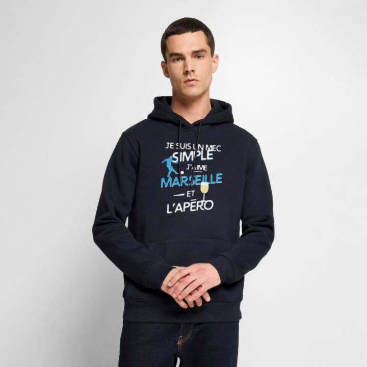 Sweat-shirt à capuche premium homme - Un mec simple: Marseille et apéro - bleu marine - front