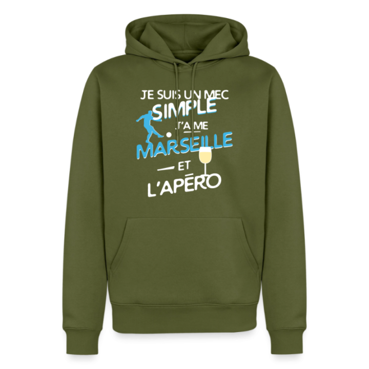 Sweat-shirt à capuche premium homme - Un mec simple: Marseille et apéro - kaki - front