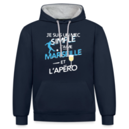 Sweat-shirt à capuche contrasté unisexe - Un mec simple: Marseille et apéro - bleu marine/gris chiné - front