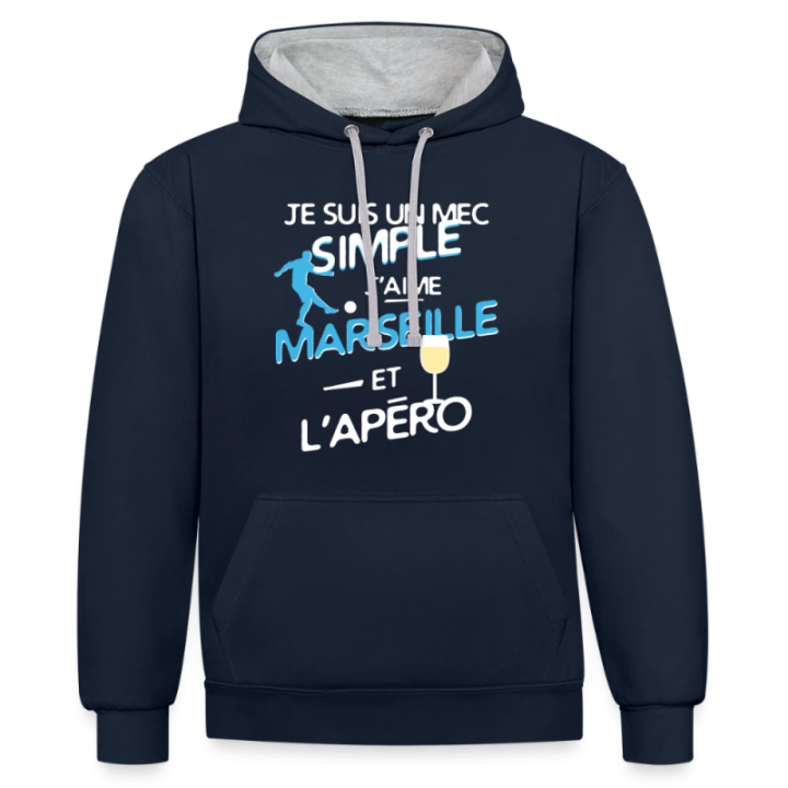Sweat-shirt à capuche contrasté unisexe - Un mec simple: Marseille et apéro - bleu marine/gris chiné - front