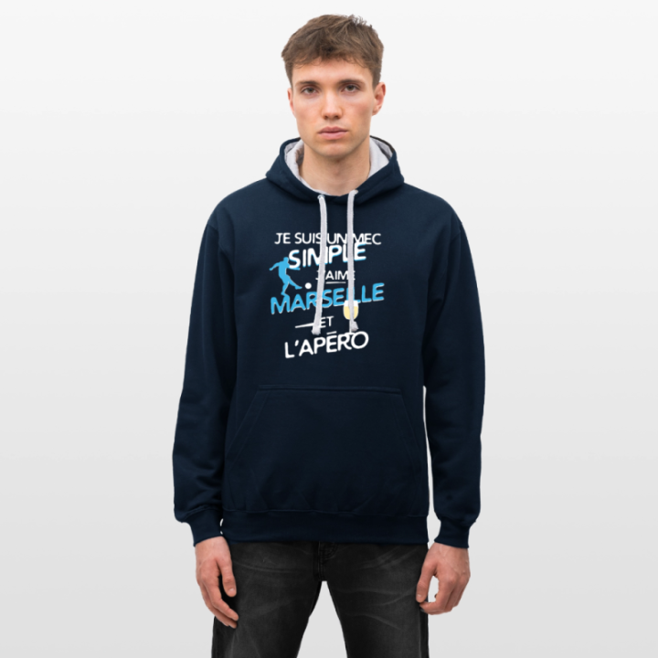 Sweat-shirt à capuche contrasté unisexe - Un mec simple: Marseille et apéro - bleu marine/gris chiné - front