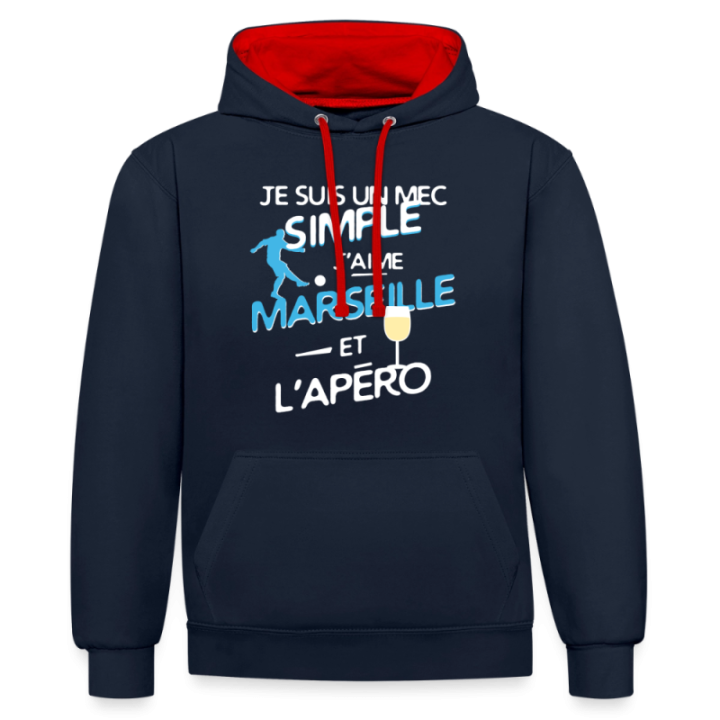 Sweat-shirt à capuche contrasté unisexe - Un mec simple: Marseille et apéro - bleu marine/rouge - front