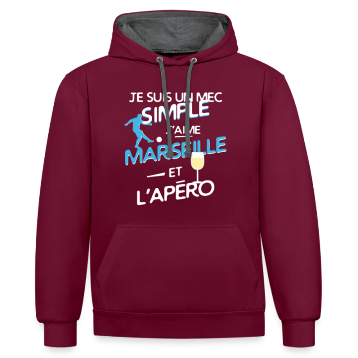 Sweat-shirt à capuche contrasté unisexe - Un mec simple: Marseille et apéro - bordeaux/anthracite - front