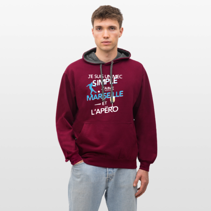Sweat-shirt à capuche contrasté unisexe - Un mec simple: Marseille et apéro - bordeaux/anthracite - front