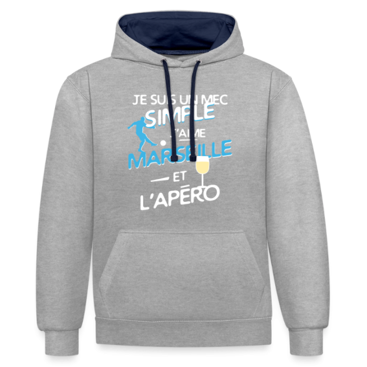 Sweat-shirt à capuche contrasté unisexe - Un mec simple: Marseille et apéro - gris chiné/bleu marine - front