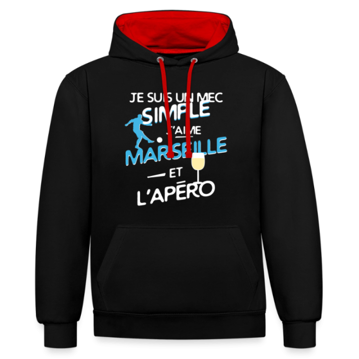 Sweat-shirt à capuche contrasté unisexe - Un mec simple: Marseille et apéro - noir/rouge - front