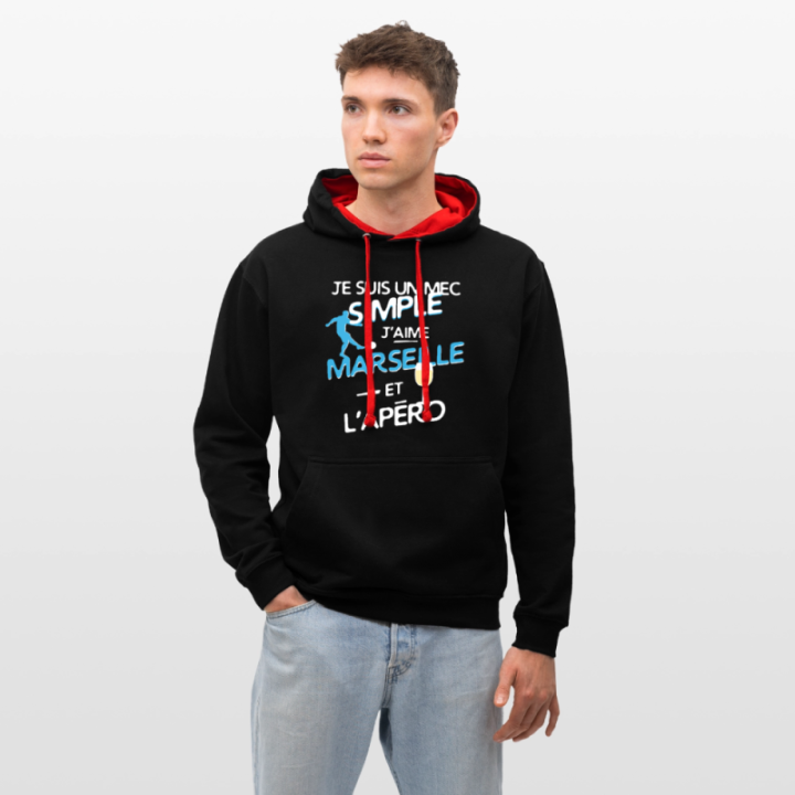 Sweat-shirt à capuche contrasté unisexe - Un mec simple: Marseille et apéro - noir/rouge - front