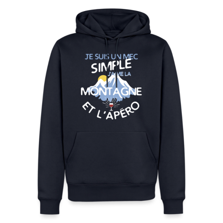 Sweat-shirt à capuche premium homme - Un mec simple: Montagne et apéro - bleu marine - front