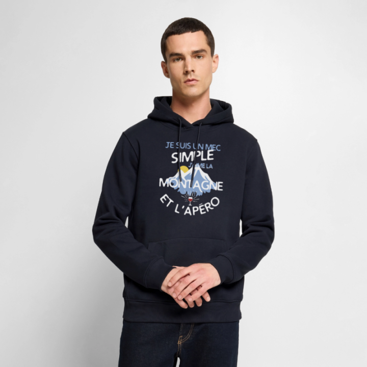 Sweat-shirt à capuche premium homme - Un mec simple: Montagne et apéro - bleu marine - front