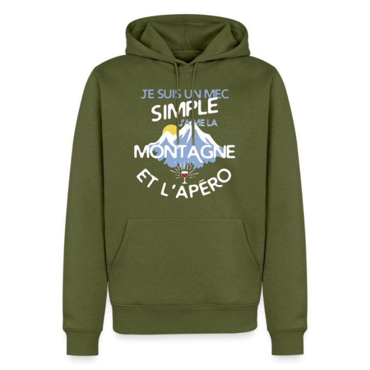 Sweat-shirt à capuche premium homme - Un mec simple: Montagne et apéro - kaki - front